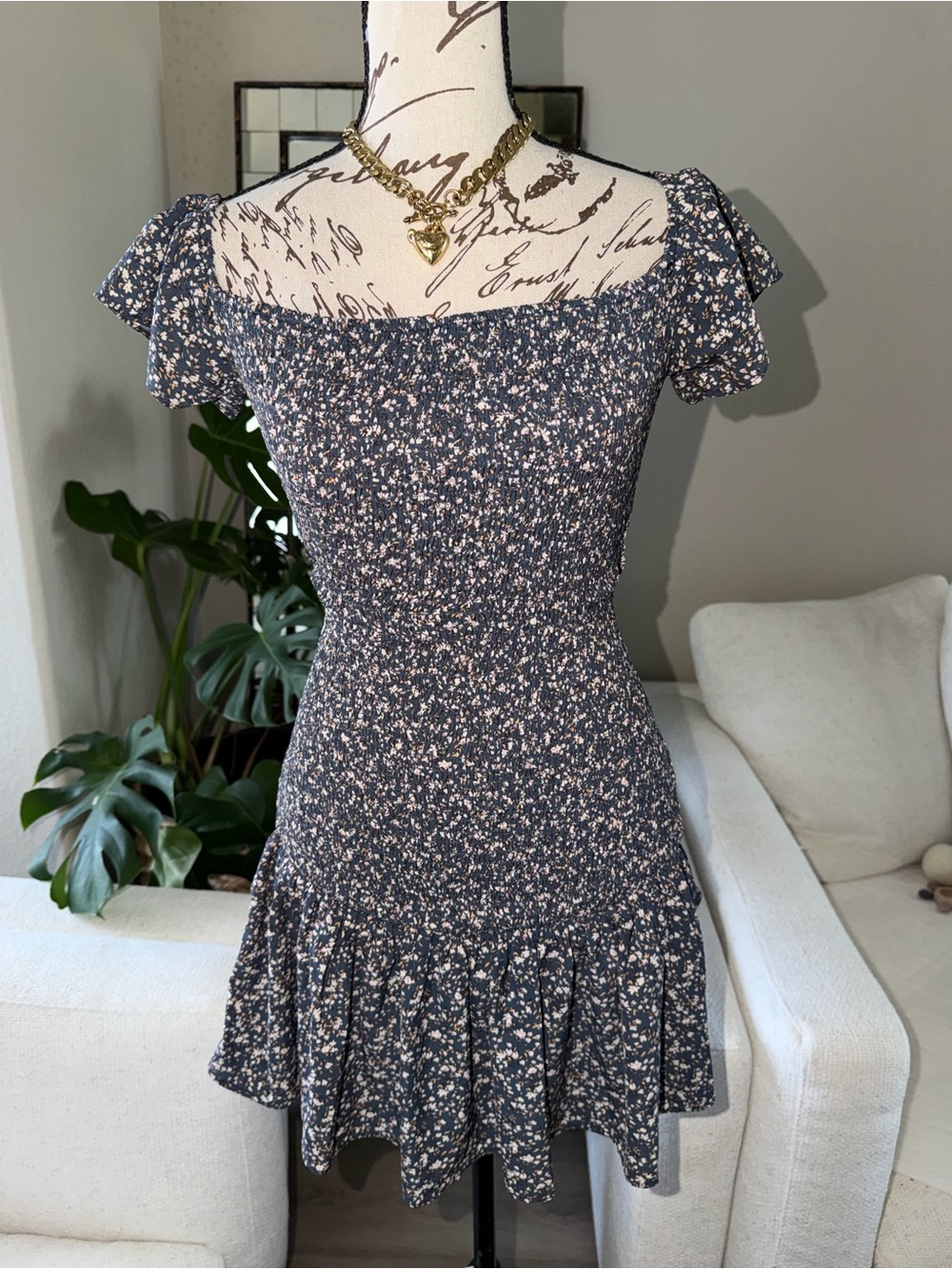 Vintage Havana Navy Floral Smocked off shoulder Mini Dress